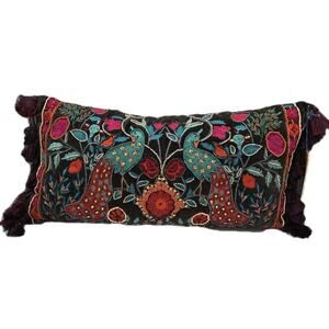 Indian Suzani Lumbar Throw Pillow Peacock Floral Embroidered Beaded Black NWT